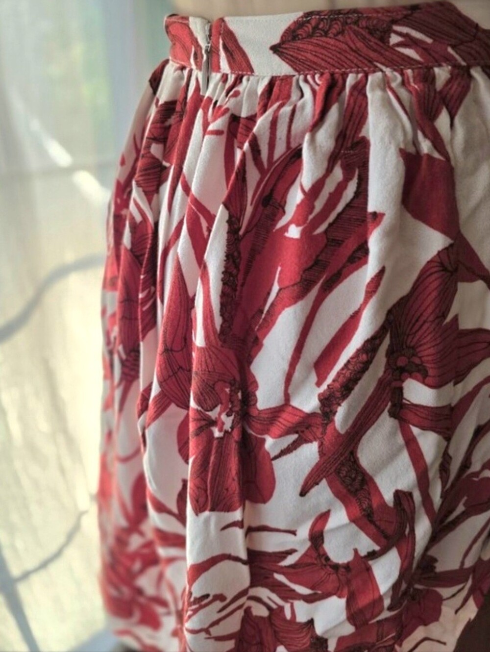 MNG by Mango Red Floral Midi Skirt High Waist Double Slit A-Line Resort Vacation